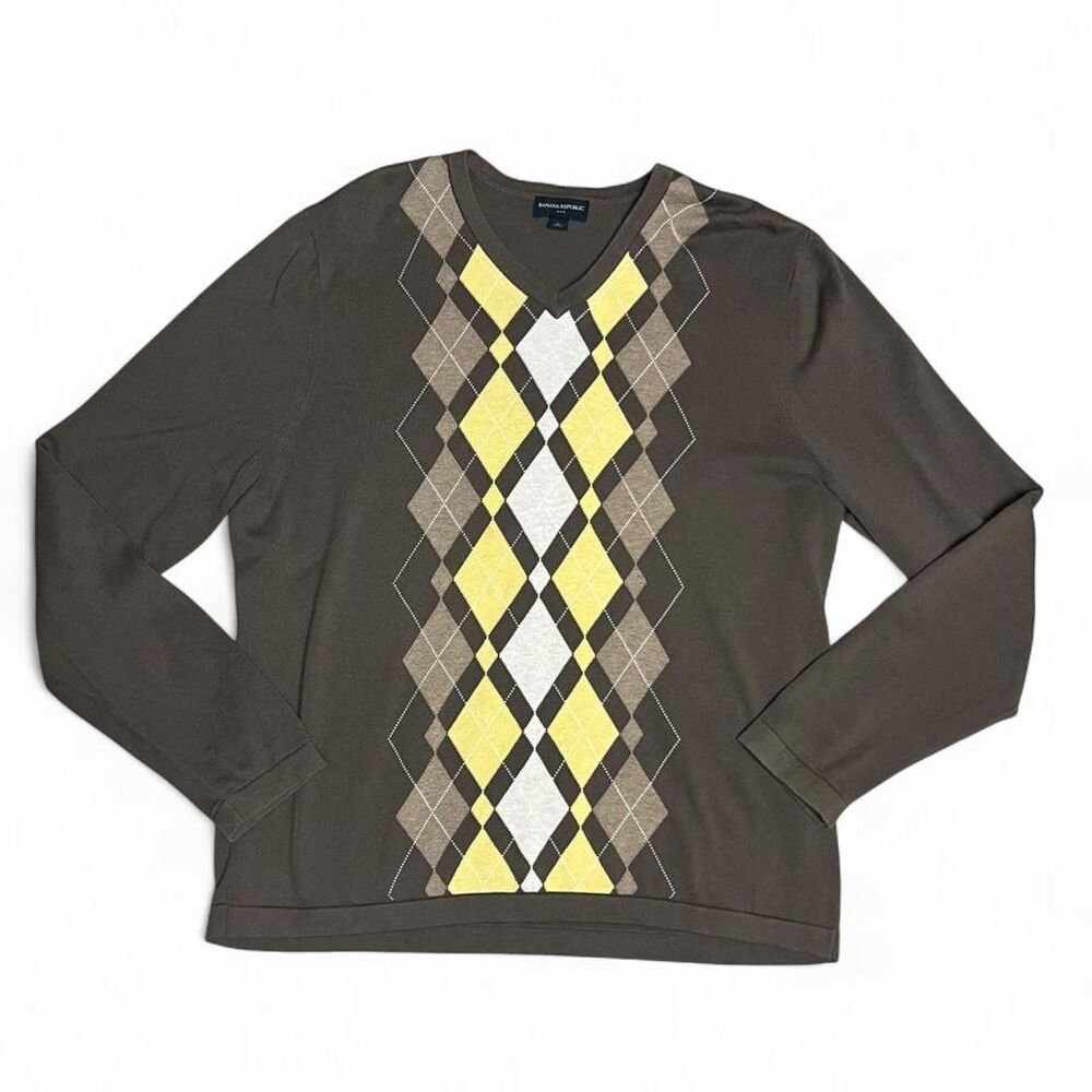 Banana Republic Men's Brown White and Yellow Argyle Patterned Jumper